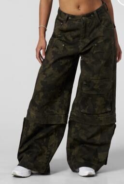 YoungLA Carpenter Jeans Size L Green Camo Wide Leg Y2K Streetwear Utility W238
